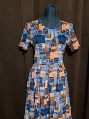 LuLaRoe Blue and Tan Geometric Midi Dress Melanie